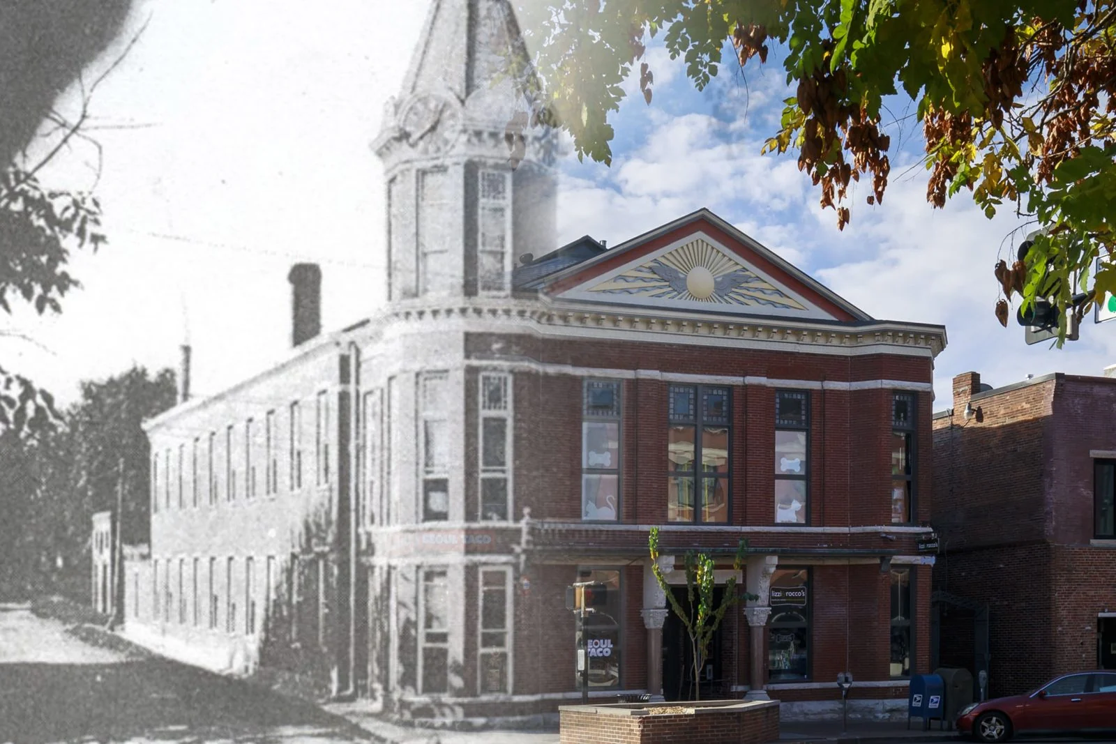 Historic brick building with a corner tower blended with today