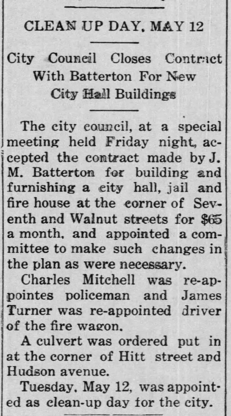 Newspaper clipping: City Council closes contract for new city hall buildings at Seventh and Walnut