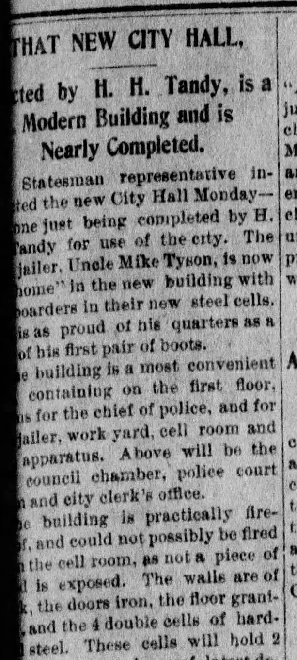 Newspaper clipping: That New City Hall, erected by H. H. Tandy, is a modern building and is nearly completed