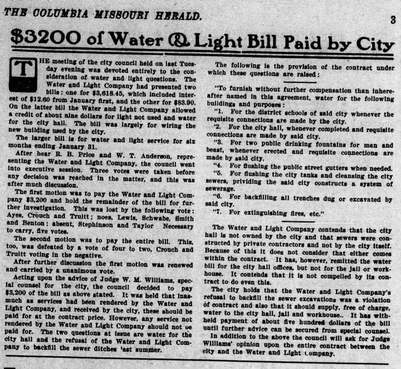 Newspaper clipping: $3200 of Water and Light Bill Paid by City