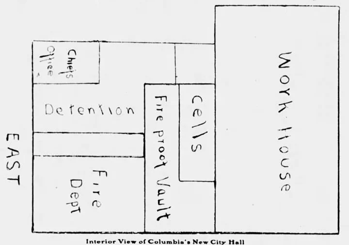 1901 newspaper floor plan showing the chief's office, detention, fire department, fire-proof vault, cells and work house