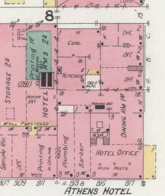 1908 Sanborn map showing three office bays