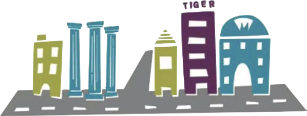 Illustrated downtown Columbia skyline with the Tiger Hotel, columns and historic storefronts